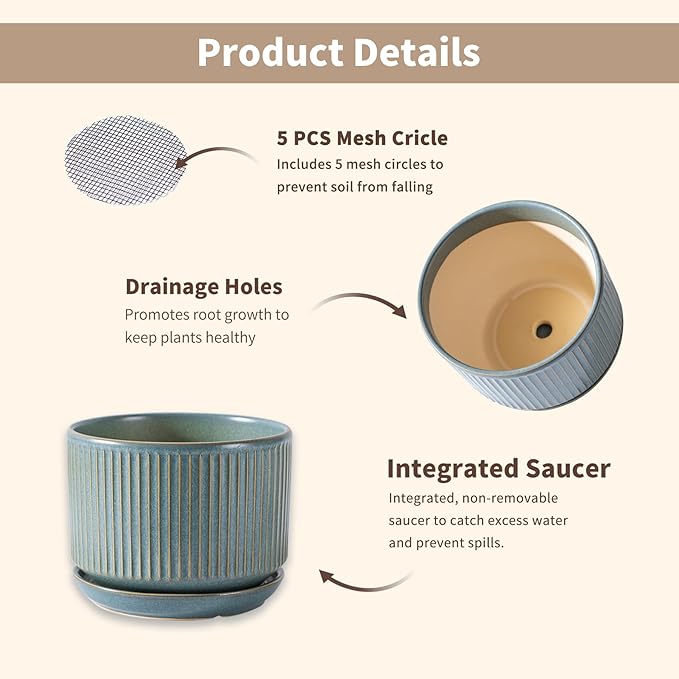 Green Ceramic Plant Pots Set of 3, 4.3+5.5+6.7 Inch Indoor Flower Pots with Drainage Hole & Saucer & Hole Mesh Pads, Striped Decorative Planter Set for Indoor Plants, Gardening Pots & Accessories