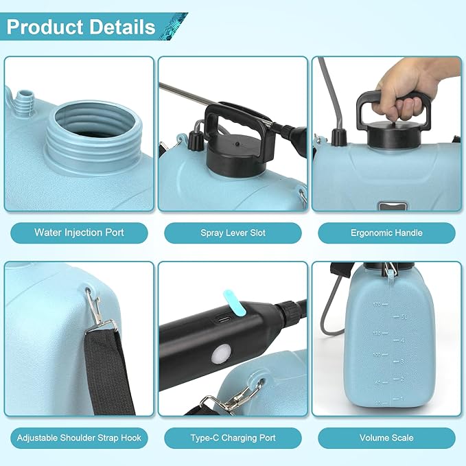 SZHLUX 1.35 Gallon Battery Powered Sprayer, Upgrade Electric Sprayer with USB Handle, Telescopic Wand, 3 Mist Nozzles and Adjustable Shoulder Strap, Garden Sprayer for Gardening, Cleaning