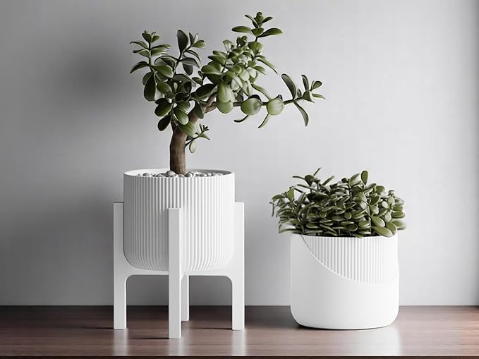 Modern Geometric Planter with Stand – Decorative Indoor Plant Pot with Ridged Top & Smooth Bottom, Stylish Planter for Succulents, Herbs, Small Plants (White - Smooth Body with Ridges and Stand)