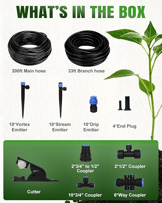 Breeze Touch 230FT Drip Irrigation System, Manual Garden Watering Kit with 6-Way Connectors, 1/2" & 1/4" Distribution Tubing for Greenhouse, Yard & Potted Plants, Precision Irrigation for Large Garden
