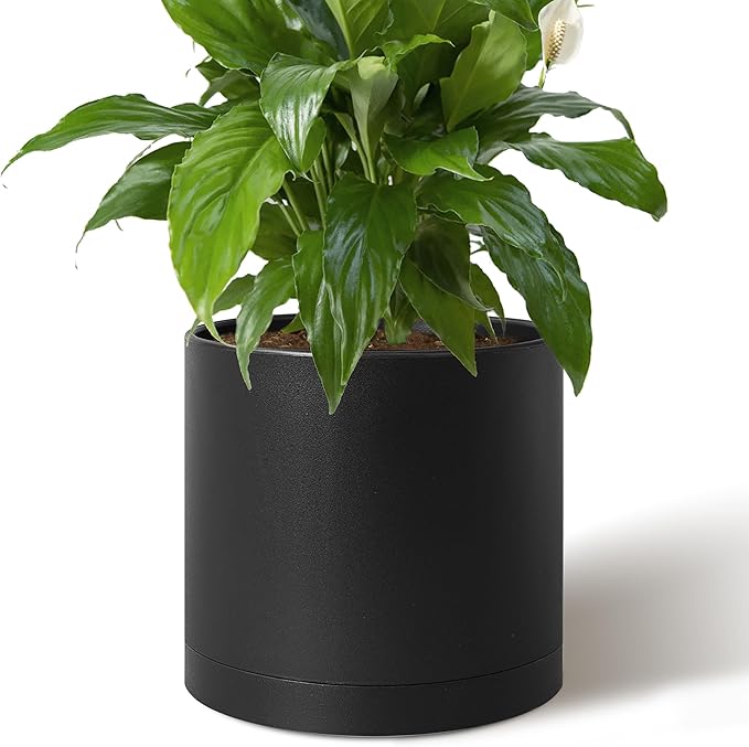 Giraffe Creation 14-Inch Round Cylinder Plant Pot, Modern Indoor/Outdoor Planter with Drainage Hole, Saucer & Water Reservoir, Black