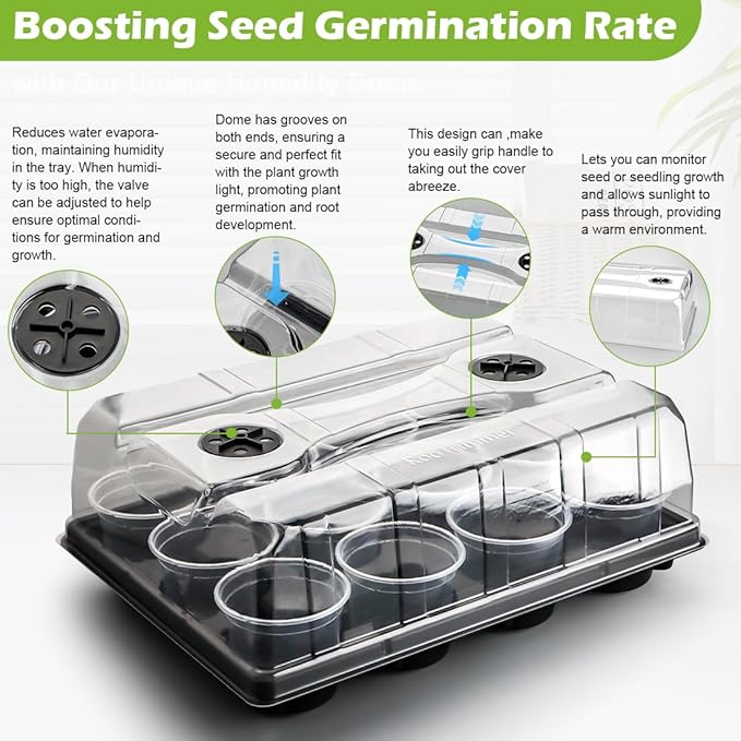 RooTrimmer 5 Pack 12 Cell Nursery Pot Trays with Adjustable Humidity Domes & 4 Inch Clear Pots 60 Pack, Sturdy Seed Starting Kit for Greenhouse Garden, Reusable Plant Growing Germination 5 Sets