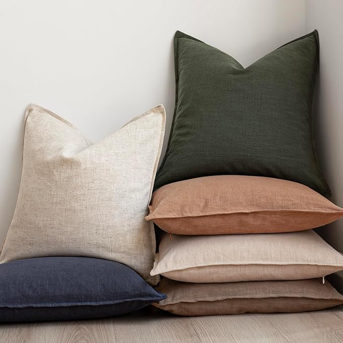 Foindtower Pack of 2, Decorative Linen Solid Throw Pillow Covers Soft Accent Cushion Case Farmhouse Neutral Pillowcase for Chair Couch Sofa Bedroom Living Room Home Decor 20x20 Inch Dark Olive Green