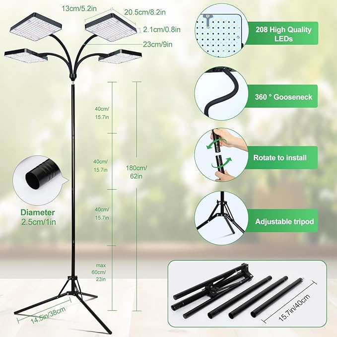 FRGROW 2026 4Head Full Spectrum Grow Light with Stand, 100 Watt Bright Grow Lights for Indoor Large Plants, Tall Bonsai Tree, Auto On/Off Daily Timer(4/8/12/16/20H), Adjustable Stand 24"-78"