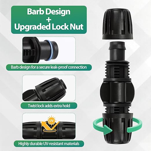 14 Pcs 1/2 Inch Irrigation Tubing Coupling Fittings, (1/2" ID x0.6-0.65" OD) 16mm Drip Tubing Barbed Locked Nuts Connectors Anti-Drop 1/2" Coupler Parts for Garden Lawn Irrigation System