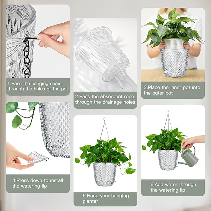 QCQHDU Self Watering Hanging Pots, 2 Pack 5.7 Inch Hanging Planters for Plants Indoor, Flower Pots with Drainage Holes and 3 Hooks Chains for Garden Home (Clear)