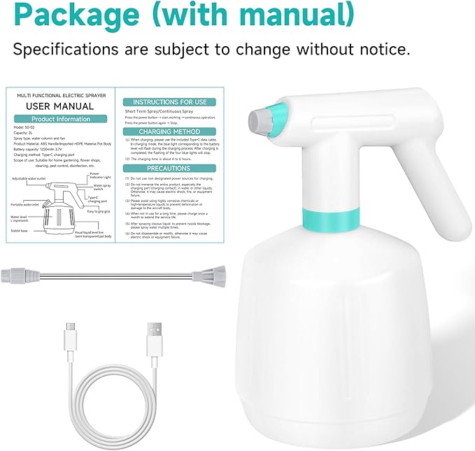 SANLIKE Electric Spray Bottle 2L Pump Sprayer Plant Mister, Automatic Watering Can Rechargeable Battery Powered Pressure Bottle with Adjustable Spout 2 Spray Types for Garden, Fertilizing, Cleaning