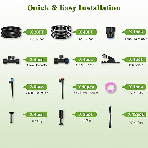 Drip Irrigation Kit for Garden, Automatic Watering System with Quick Connect Fittings, Adjustable Spray Nozzles, Water Saving Irrigation System for Yard, Greenhouse, Lawn & Potted Plants (60FT)