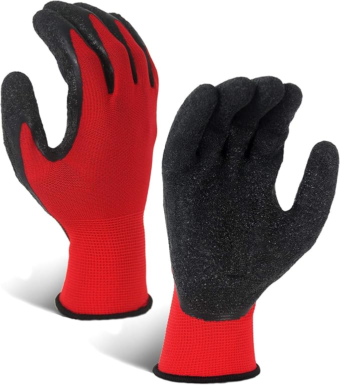 Evridwear Crinkle Latex Rubber Hand Coated Safety Work Gloves for Men Women General Multi Use Construction Warehouse Gardening Assembly Landscaping,Red Medium 12 Pairs Pack