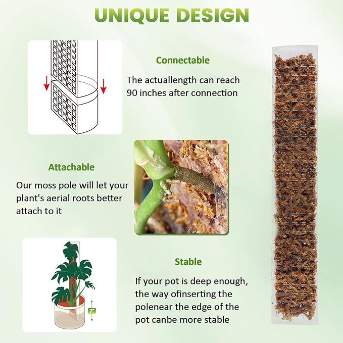 EOX 4 Pcs 48 Inch Plastic Moss Pole for Monstera, Large D Shaped Poles for Climbing Plants Work with Sphagnum Moss, 186 Inch Plant Stake Set of 4, Garden Ties
