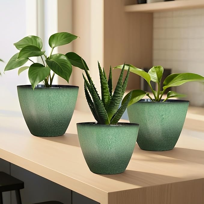 Vanslogreen 4 Pack 8 inch Plant Pots, Plastic Planter for Indoor Outdoor Plant with Drainage Holes and Saucers, Flower Pots for Garden Home Decor(Green, 4pcs)