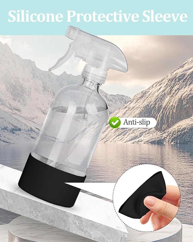 2 Pack 360° Glass Spray Bottles with Silicone Sleeve, 16 oz Empty Refillable Containers with Adjustable Spray Nozzles, Spray Bottles for Hair, Cleaning Solutions and Plants Black