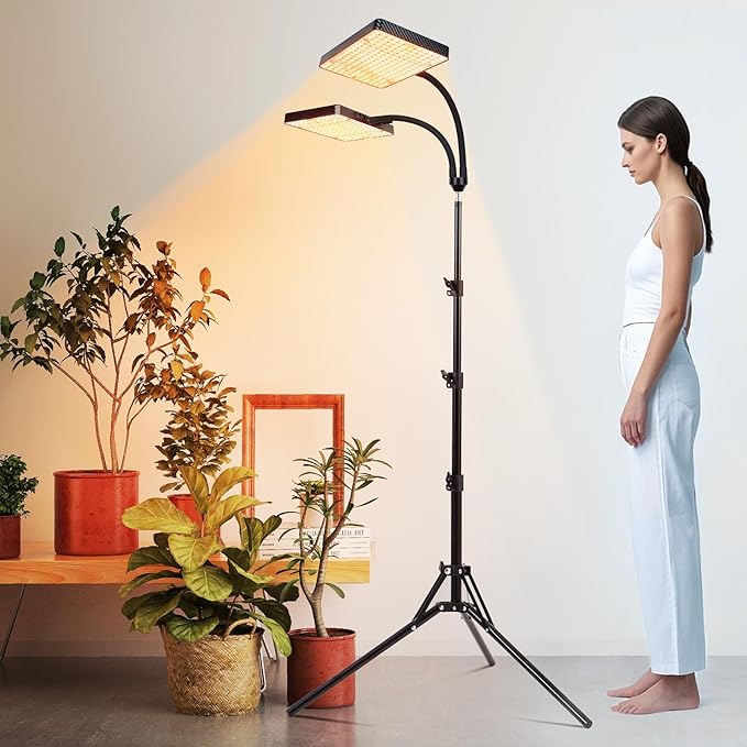 FECiDA 2026 2Head Grow Light with Stand, 50 Watt Power Draw, Bright and Big Coverage Grow Lights for Large Houseplants, Bonsai Tree, 4/8/12/16/20 Hr Timer, 24"-64" Height Adjustable, 360° Gooseneck