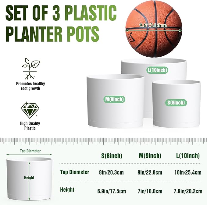 10/9/8 Inch Large Plant Pots with Drainage Holes and Trays, 3 Pack Modern Minimalist Cylinder Planters for Monstera, Snake Plant, Indoor Outdoor (Matte White)