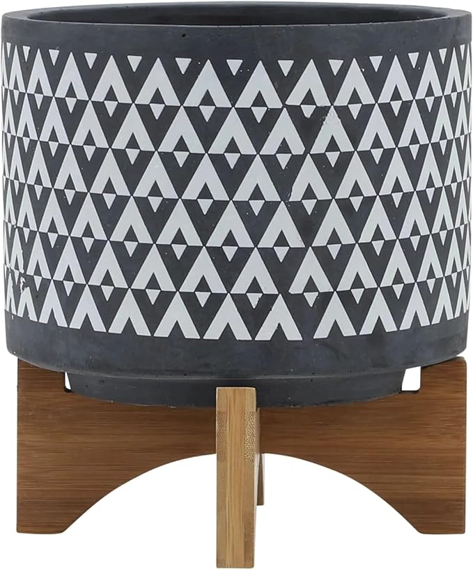 DTY Ceramic Planter Wooden Stand Minimalist Gray Indoor Tabletop Planter - Default