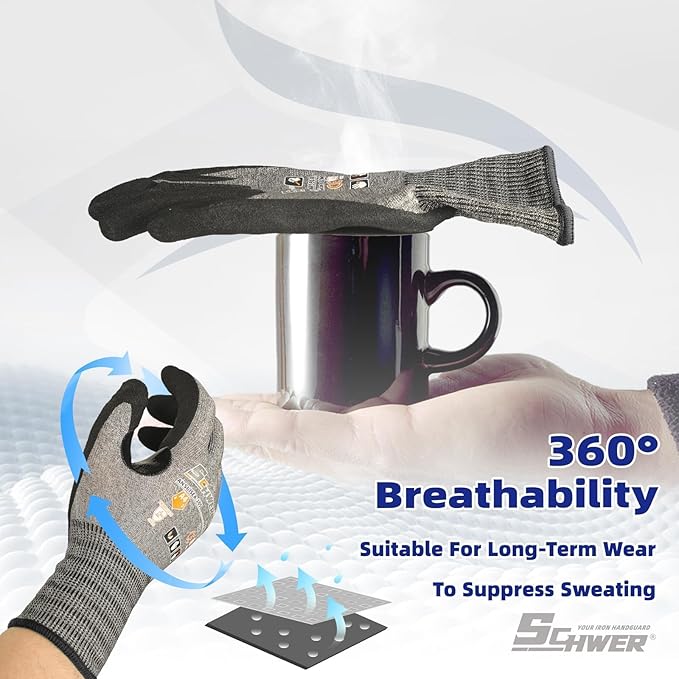 Schwer 6 Pairs ANSI A4 Cut Resistant Work Gloves with Extreme Lightweight & Thin, Sandy Nitrile Touchscreen Safety Working Gloves with Grip, 3D-Comfort Fit, Flexible and Breathable, S, AR5918