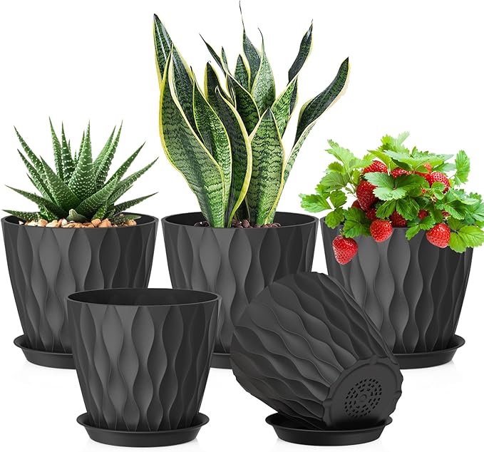 Meowell 7 inch Plant Pots for Indoor Outdoor Plants, 5 Pack Thick Flower Pots with Drainage Holes and Saucers, 3D Modern Wave Texture Plastic Planter Pots for House Plants, Black