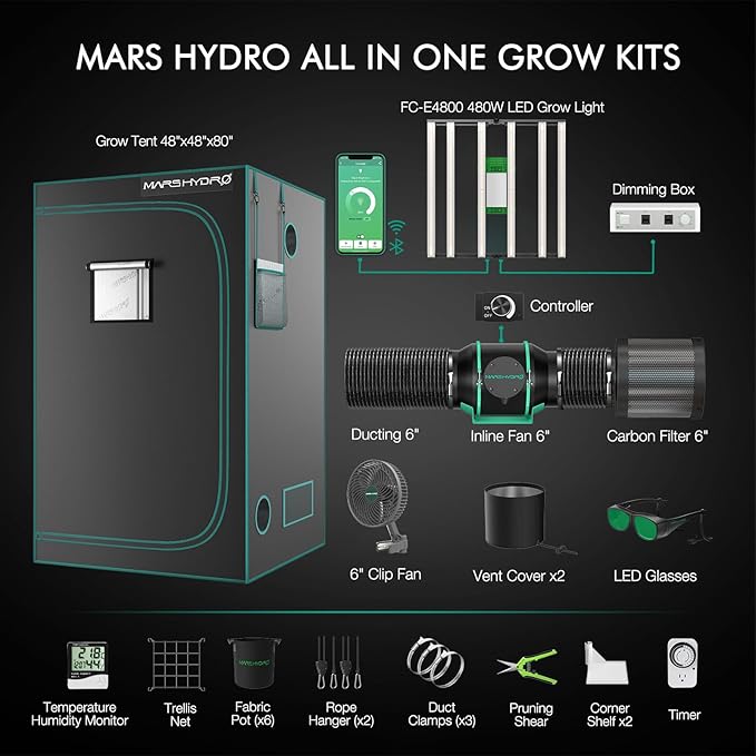 MARS HYDRO 4x4 Smart Grow Tent Kit Complete System,480W FC-E4800 APP WiFi Control Light 2646pcs LED,1680D High Reflective Mylar,with 6inch 32dB,402CFM Smart WiFi Control Ventilation System