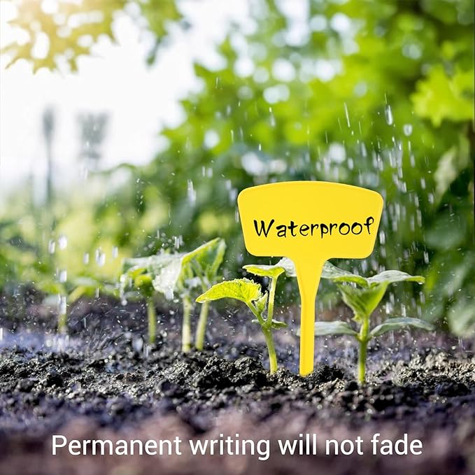 100 Pcs Plant Labels, Garden Markers Signs with Pen, 10.62" Large Plastic Plant Tags Waterproof T-Type Tags, Durable Nursery Garden Markers for Outdoor Indoor Potted Plants Flowers Seeds (Yellow)