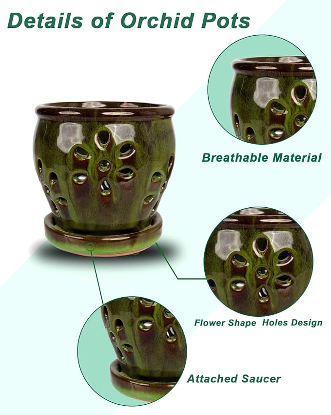 vensovo 5 Inch Ceramic Orchid Pots with Holes and Saucers - 1 Pcs Small Succulent Pot for Repotting, Garden Flowerpots for Plants Indoor and Outdoor Promotes Air Circulation, Green Mixed Brown
