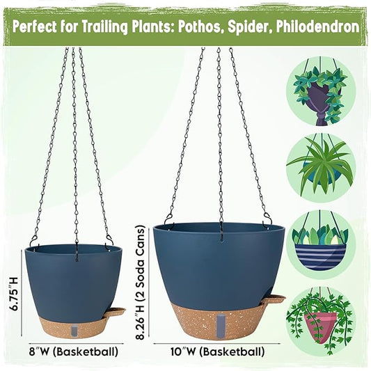 Self-Watering Hanging Planters with Water Level Window, 8/10 Inch Indoor Outdoor Hanging Plant Pots Includes Chain Hangers with Drainage Holes & Detachable Reservoir (Blue, 8+10 inch)