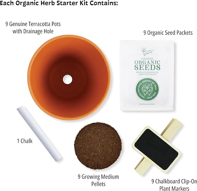 Buzzy Organic Herb Starter Kit – 9 Terracotta Pots, Organic Seeds & Soil Pellets – Indoor Herb Garden Kit with Plant Markers, Chalk & Instructions – Grow Fresh Basil, Parsley, Cilantro & More