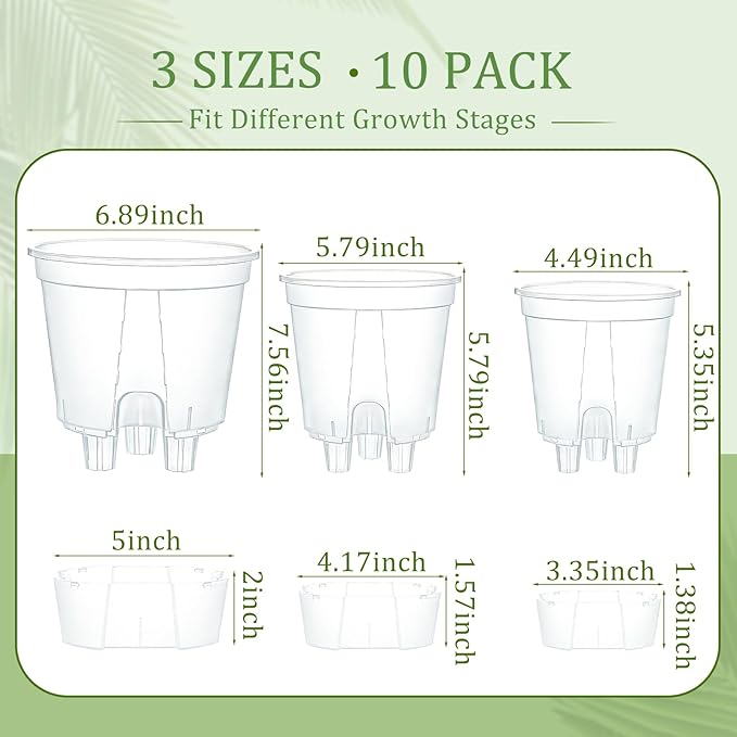 10Pcs Clear Self Watering Pots for Indoor Plants, Bare Root Planters with Deep Reservoir & High Drainage Holes, Bottom Watering Semi Hydroponic Pots for Orchids, Herbs & Flowers(10)