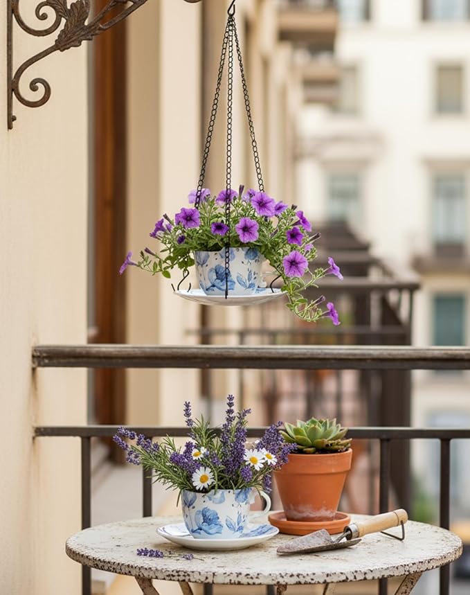 TEATALK Hanging Planters for Indoor Plants, Ceramic Pots with Drainage Hole, 6.3 Inch Hanging Planter with Chain, Outdoor Hanging Baskets for Plants, Blue Flowers, Cup Shape