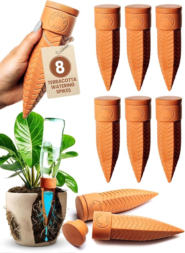 8pc Olla Watering Spikes For Plant Watering With Lids - Automatic Terracotta Self Watering Spikes For Indoor Plants & Outdoor - Terracotta Watering Spikes For 8" Pots Or Larger Water Plants While Away