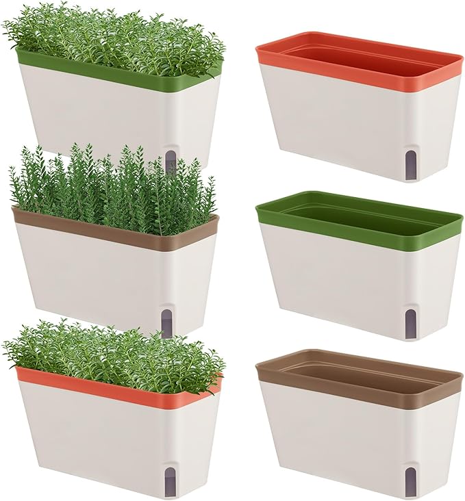 SiliFine 6 Set Window Herb Planter Box Self Watering Plant Pots 10.6 Inch Rectangular Herb Pots Decorative Garden Flower Box for Indoor, Succulent,Vegetables, Flowers