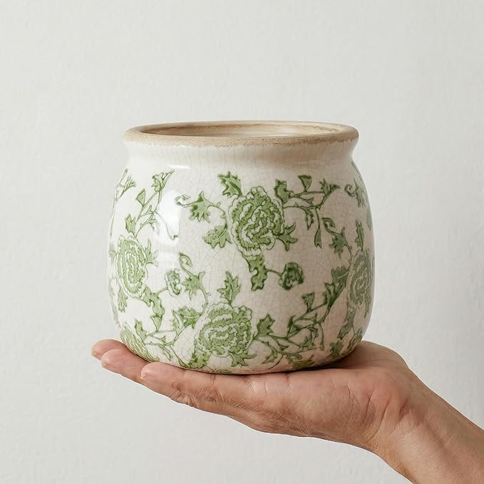 DREAMLOOM Vintage Ceramic Planter for Indoor Plants,6.1" Ice Crack Cottage Scroll Vase Tuscan Decor Flower Pots with Drainage Holes Home Kitchen Farmhouse Antique Decorative Gift (Green-Round)