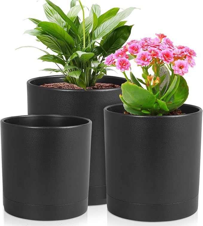 Meowell 6/5/4 inch Flower Pots, Set of 3 Cylinder Plant Pots for Small Indoor Outdoor Plants, Plastic Planters with Drainage Holes and Saucers for Garden Succulent Nursery House Plants, Black