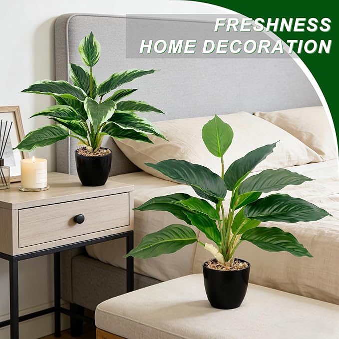 2 Pack Artificial Potted Plants, 16" Fake Plants Indoor in Black Pots for Home Bathroom, Office Desk, Shelf - Realistic Faux Greenery for Living Room, Kitchen, Farmhouse Decor