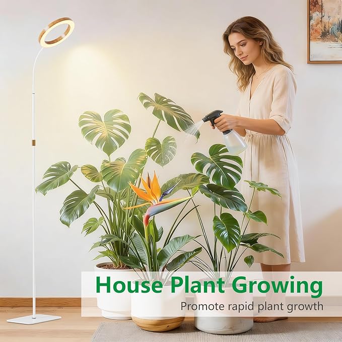 One Head Grow Light for Indoor Plants Full Spectrum - Floor Standing Plant Lamp with Auto Timer 6/12/18H, 5-Level Dimmable & Adjustable Height 16.5-68in for Large Tall Plants |Faux Wood Design