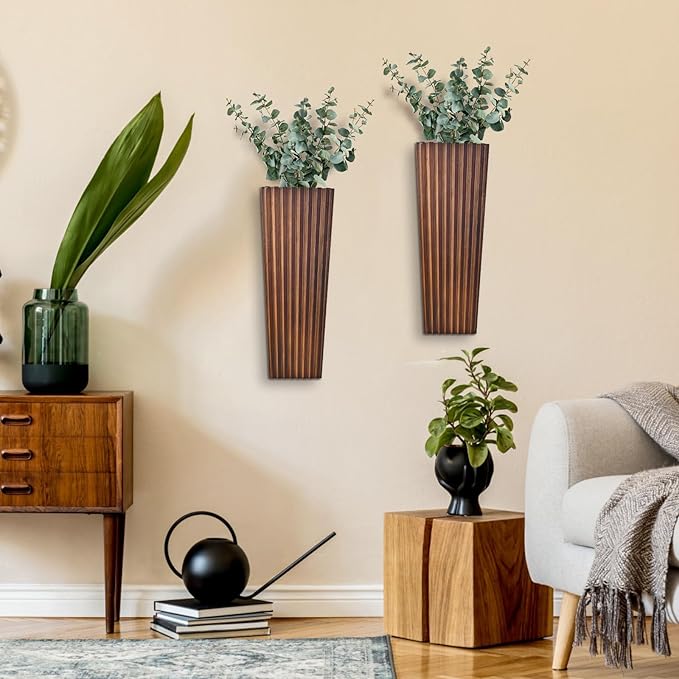 2PCS Wood Wall Planter for Indoor Plants, Wooden Hanging Planter for Dried Flowers and Artificial Greenery Plants,Abstract Vase, Modern Farmhouse Wood Wall Decor for Living Room,Bedroom,Bathroom