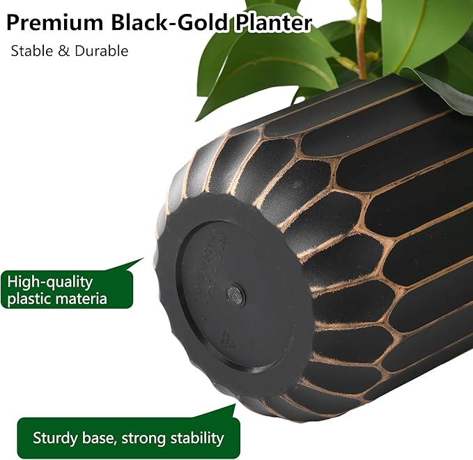 florisso Artificial Succulents & Fig Leaf Potted Decor - Faux Succulents with Fig Leaf Greenery in Black & Gold Plastic Planter (No Actual Figs) for Farmhouse, Bathroom, Bedroom & Office Decor