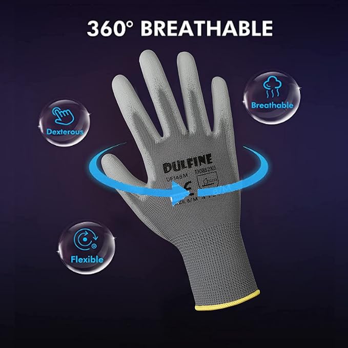 Safety Work Gloves PU Coated-12 Pairs,Grey Seamless Knit Glove with Polyurethane Coated Smooth Grip on Palm & Fingers, for Men and Women, Ideal for General Duty Work (Medium)