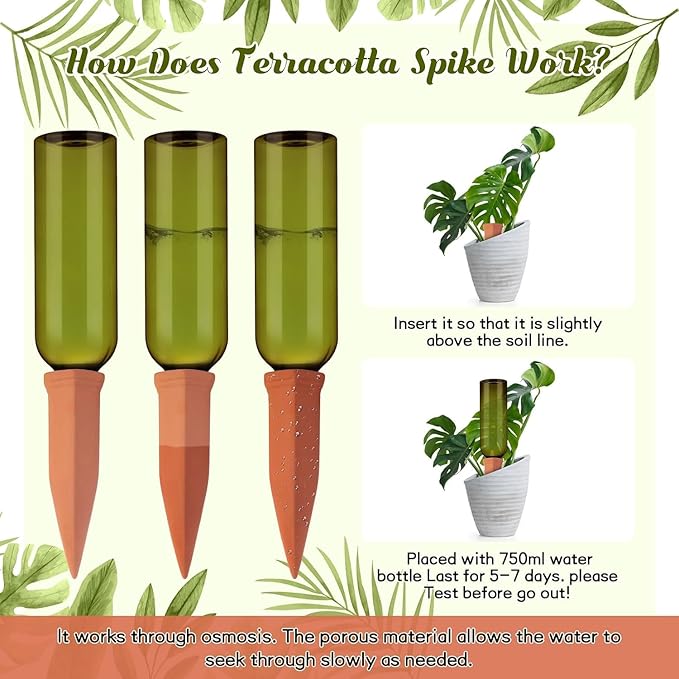 SiliFine 3 Sets Plant Watering Devices Include Terracotta Self Watering Spikes and 26 oz Plastic Bottles, Slow Release Vacation Insert Automatic Plant Waterer Device (Dark Green and Terracotta)
