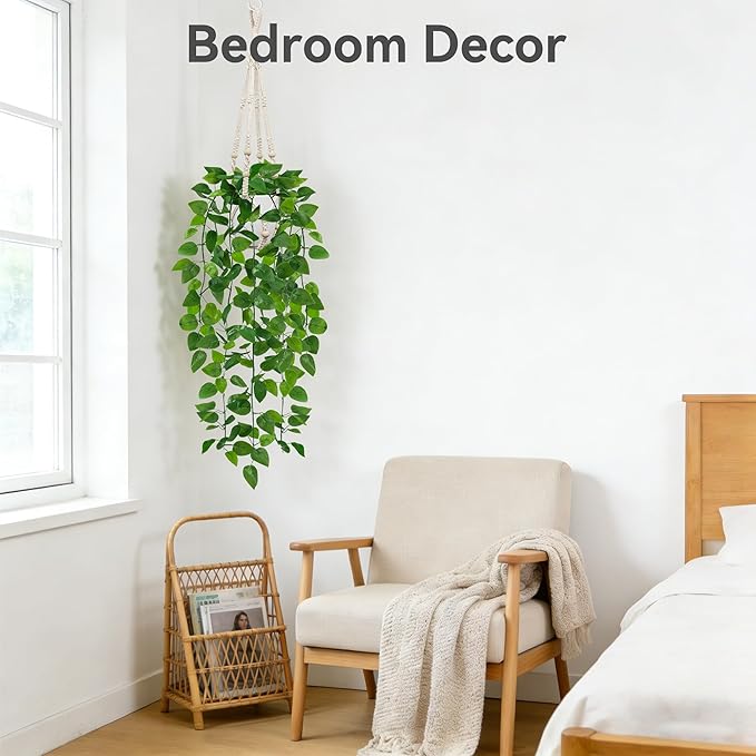USLAI Fake Hanging Plant, Artificial Pothos Vines Greenery with Pot and Macrame Plant Hanger for Indoor Outdoor Boho Decor