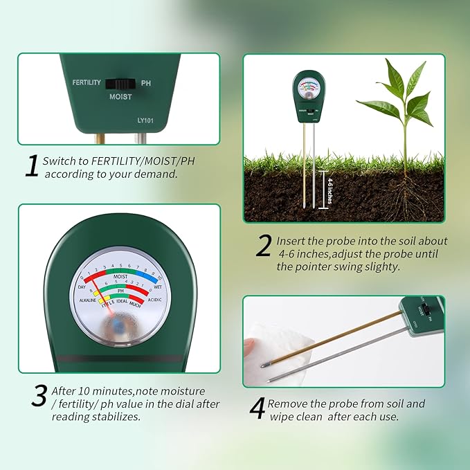 3 in 1 Soil Tester, Soil Fertility Test, Measure pH of Garden, Lawn Care, Potted, Horticultural Soil Moisture Meter Sensor, No Battery (Green)
