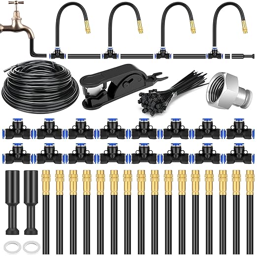 MorningRo 49 ft Drip Irrigation Kit, 5/16" Tube Automatic Watering System with 16pcs 360° Adjustable Brass Nozzles, Water Saving DIY for Garden, Lawn, Yard, Greenhouse Plants