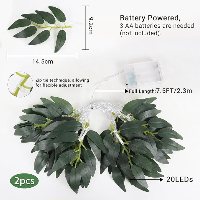 RECUTMS Willow Leaves String Lights 2Packs Artificial Leaf Rattan Light Hanging Vine 20LEDs Battery Operated Ivy Greenery for Home Wedding Party Wall Indoor Outdoor Decor
