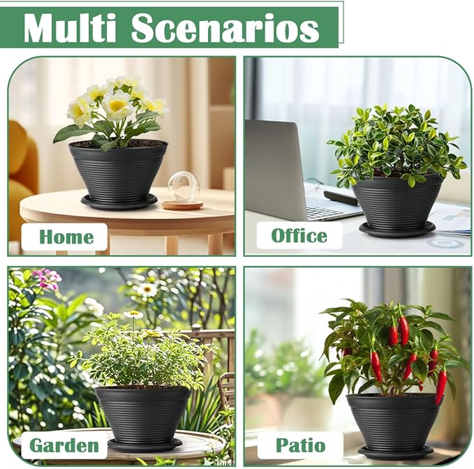 RooTrimmer 8 Inch Plastic Plant Pots with Saucers 8 Pack, Flower Pots with Drainage Holes, Sturdy Planter Pots for Indoor Outdoor, Modern Decorative Gardening Pots for Planting House Plants, Black