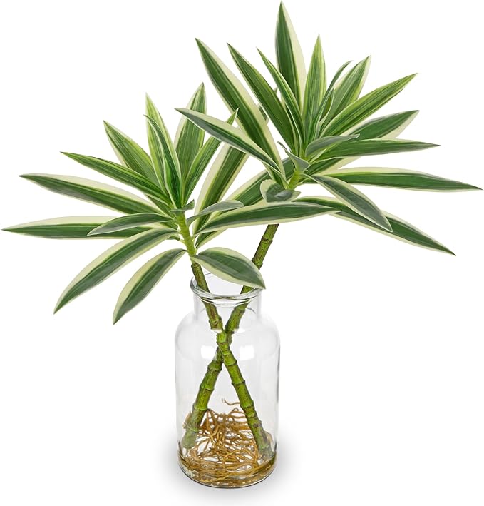 Artificial Plants Stems in Glass Vase with Faux Water,Fake Silk Plant Dracaena Leaves for Centerpiece Table Decorations Farmhouse Wedding Home Greenery Decor (Green and White)