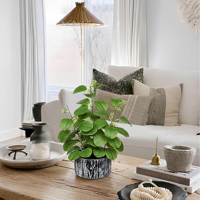 GnFlus Artificial Plants Decor Greenery Fake Ficus Leaf Indoor Potted 14" Fake Plant with Seeds in Rustic Black Ceramic Planter for Farmhouse Room Bathroom Bedroom Kitchen Office Table Desk Decor