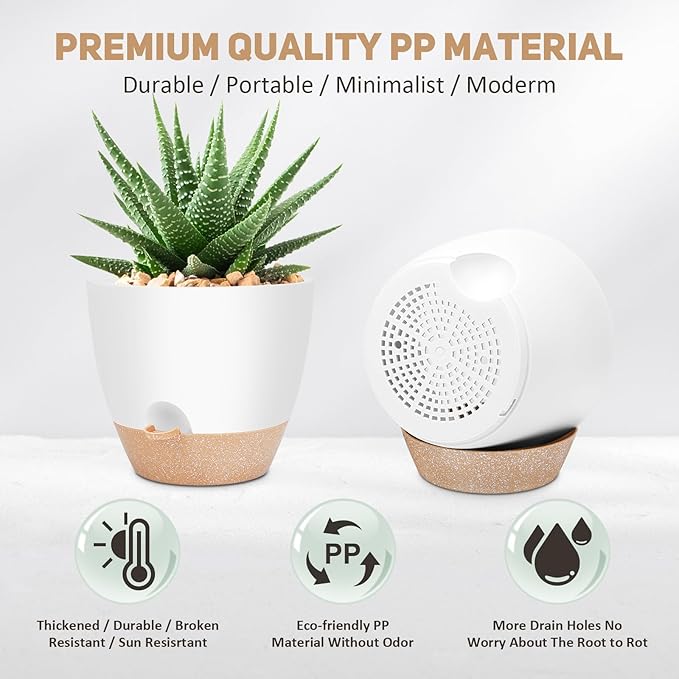 YNNICO 12 Inch Large Self Watering Plant Pot Set, Flower Pots with Multi-Mesh Drainage Holes and Saucer, Suitable for Indoor and Outdoor Garden Plants, White.