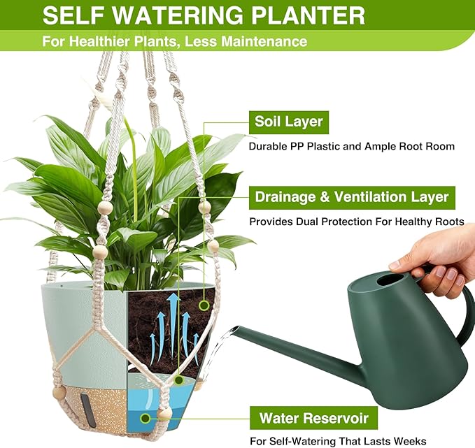 LEWESU Set of 2 Hanging Planters for Indoor Plants with Self Watering Includes Hanging Pots and 2 Types Plant Hangers, Outdoor Hanging Baskets Holder for Home Garden, 10 Inch Sage Green