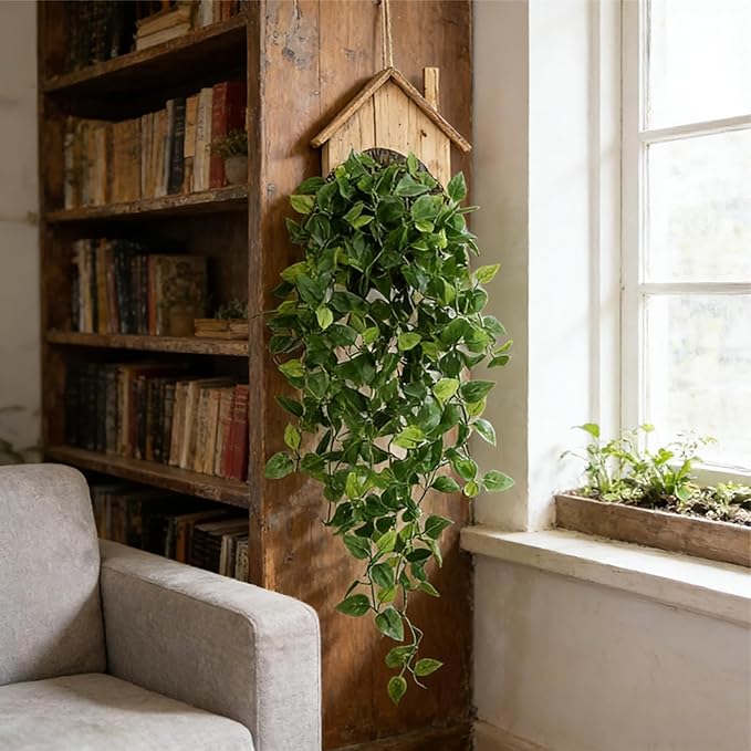 Delphinus Fake Hanging Plants, 2pcs Artificial Hanging Plant, Faux Vine Plants Indoor and Outdoor for Office Home Living Room Bathroom Wall Shelf Decor
