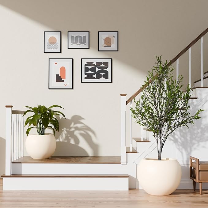 KUTE NEST 9.7" H x 12" D Premium Globo Fiberstone Round Planter with Drainage Hole, Weather Resistant for Indoor and Outdoor Use, Included 2 Extra Coco Mats (Kilim Beige, 7.8" Pot Opening)