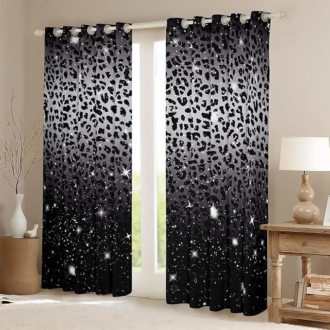 Leopard Print Curtains & Drapes,Black Grey Cheetah Skin African Big Cat Window Treatments,Sparkle Starry Sky Glitter Blackout Curtains 2 Panels 38"Wx54"L,Jungle Animal Wildlife Window Curtains